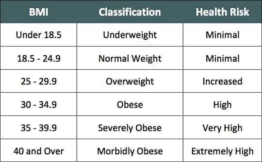 weight management bmi calculator table